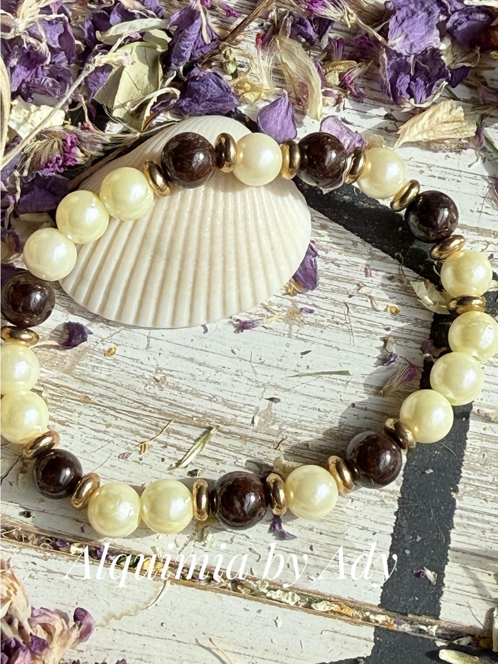 Cream Pearl and garnets Stone Stretch Bracelet with Gold Accents